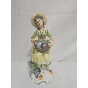 Vintage HOMCO Ceramic WOMAN with BASKET OF GRAPES 8"h Figurine #1258